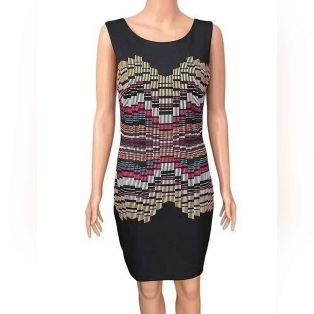 Bebe dress stretchy fabric geometric pattern, open back, size small